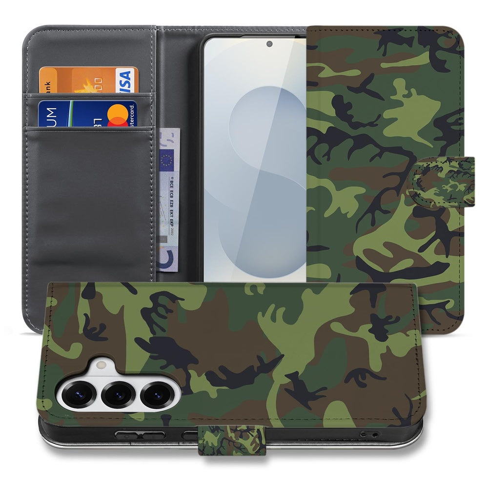 Samsung Galaxy S26 Portemonnee Hoesje Camouflage Leger Camouflage design vooraanzicht.