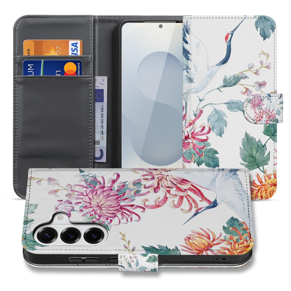 Samsung Galaxy S26 Bookcase Hoesje Met Pasjes Bird Flowers Print vooraanzicht.