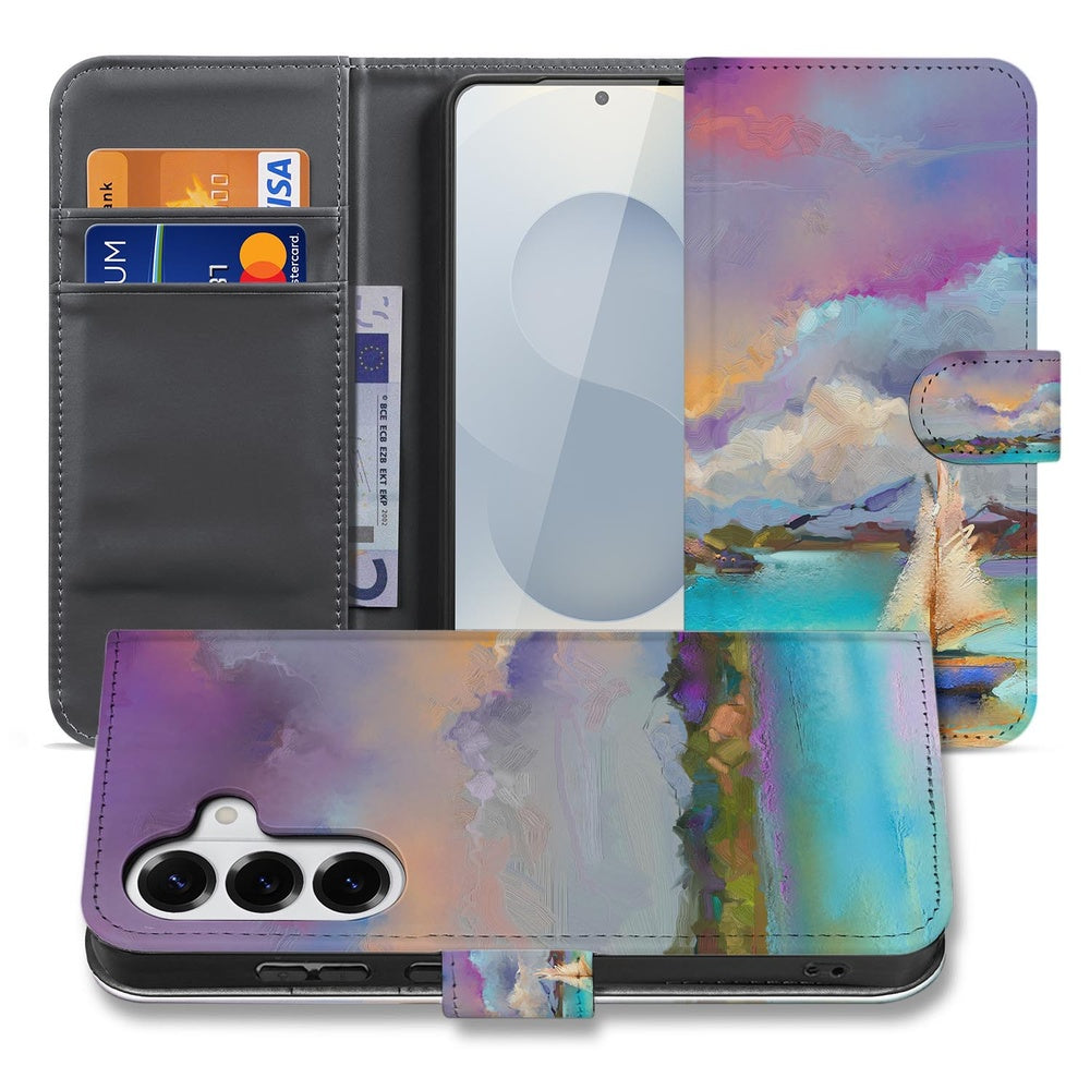 Bookcase Samsung Galaxy S26 Boot Motief voorkant met kleurrijk ontwerp en ruimte voor kaarten.