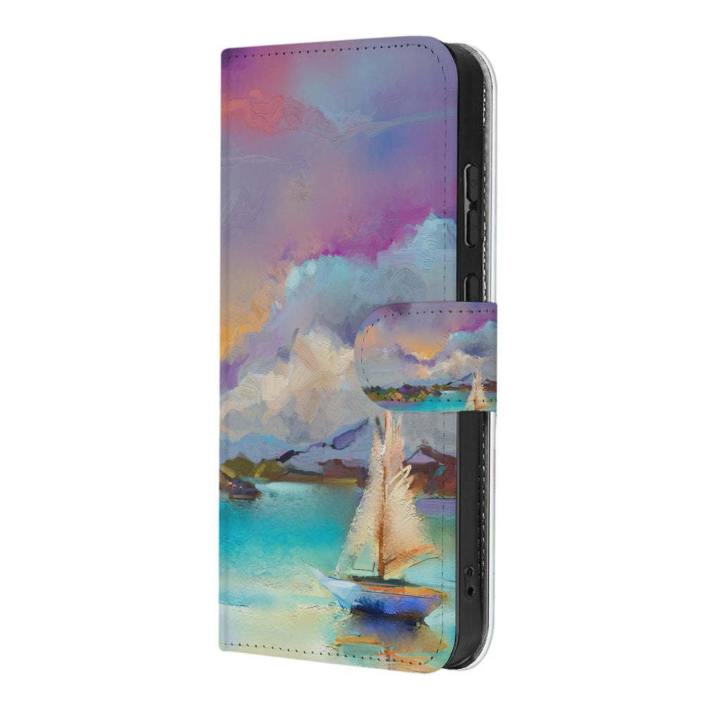 Samsung Galaxy S26 Bookcase Boot Motief voorkant met schilderachtig zeilschip ontwerp.