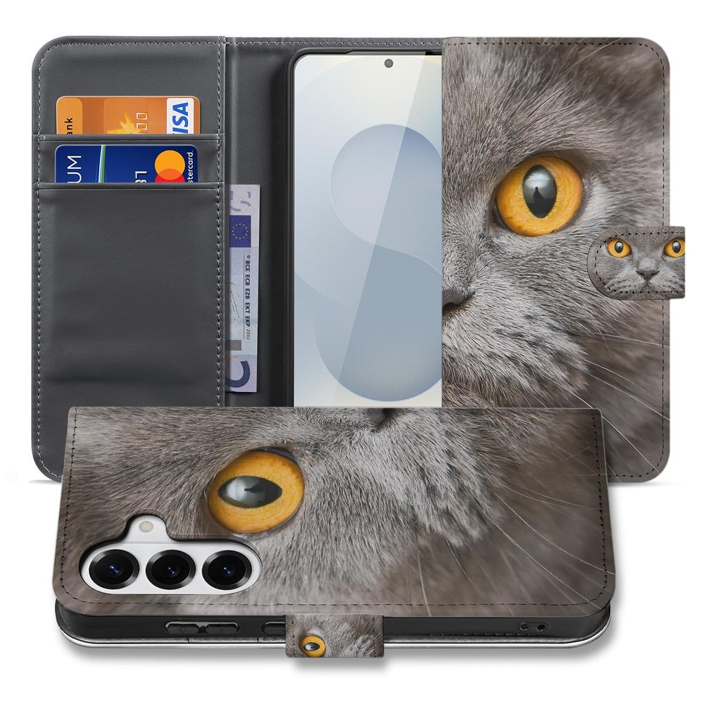 Samsung Galaxy S26 Book Case Britse Korthaar voorkant met grijze kattendetail.