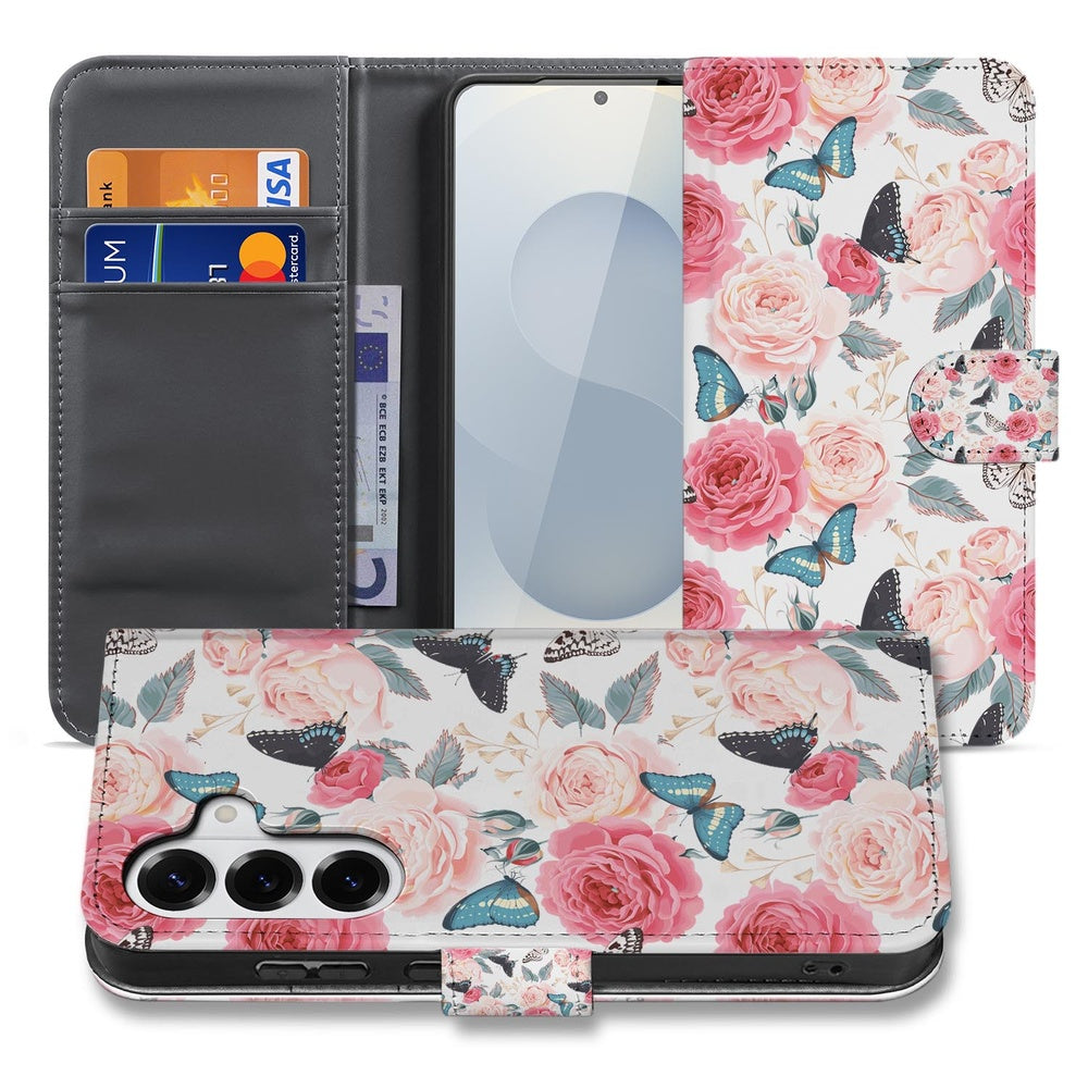 Samsung Galaxy S26 Book Case Hoesje Roze Butterfly boekcase roze rozen vlinders vooraanzicht.