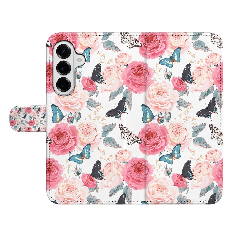 Samsung Galaxy S26 Book Case Hoesje Roze Butterfly Rozen Vlinders Vooraanzicht.