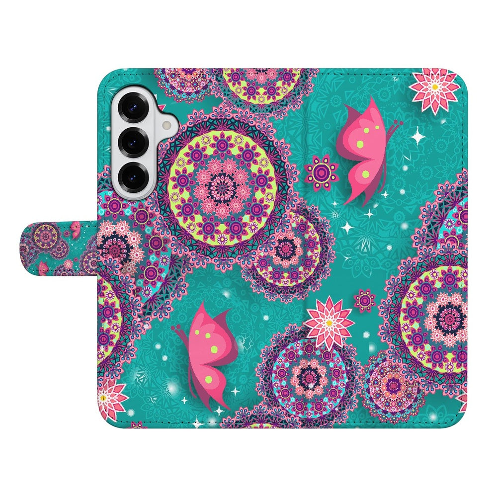 Samsung Galaxy S26 Book Case Hoesje Met Pasjes Cirkels en Vlinders abstract turquoise roze vlinders vooraanzicht.
