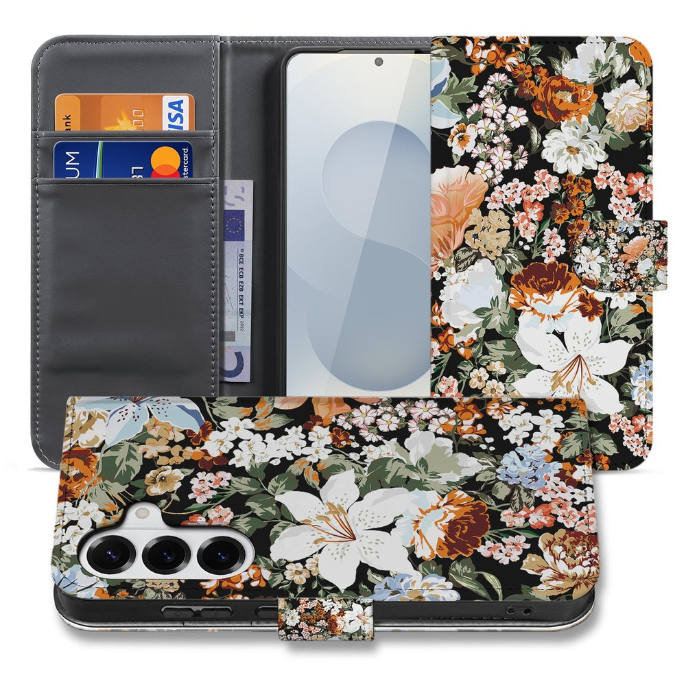 Samsung Galaxy S26 Portemonnee Hoesje Dark Flowers portefeuille hoesje bloemenprint vooraanzicht.