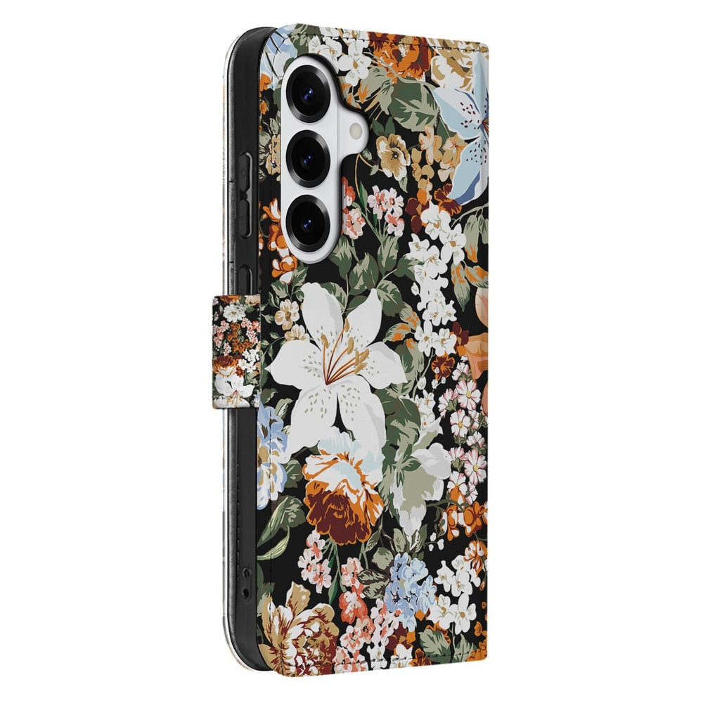 Samsung Galaxy S26 Portemonnee Hoesje Dark Flowers bloemenprint zijaanzicht.