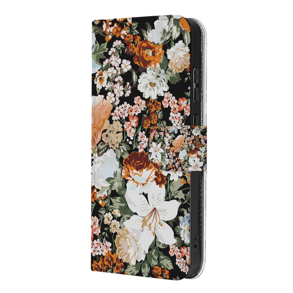Samsung Galaxy S26 Portemonnee Hoesje Dark Flowers portefeuille hoesje donker bloemenprint schuin aanzicht.