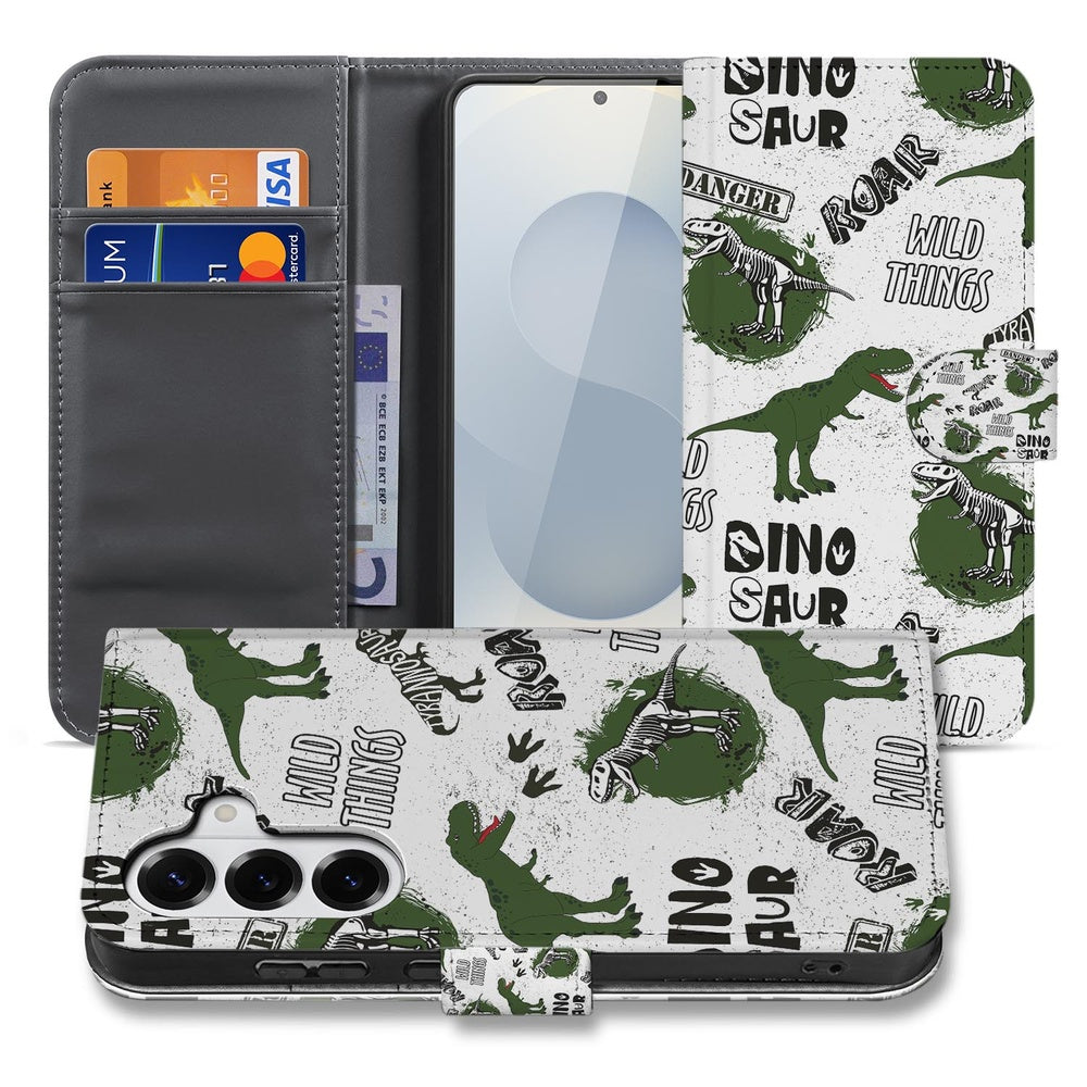 Samsung Galaxy S26 Book Case Met Pasjes Dino Print detail met dino-illustraties en pasjeshouder.