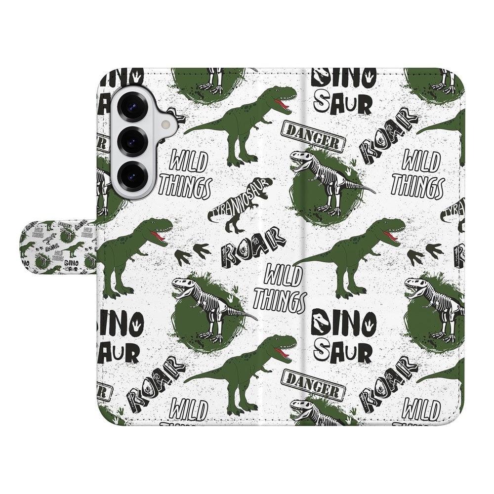 Samsung Galaxy S26 Book Case Met Pasjes Dino Print Dinosaurussen design voorkant.