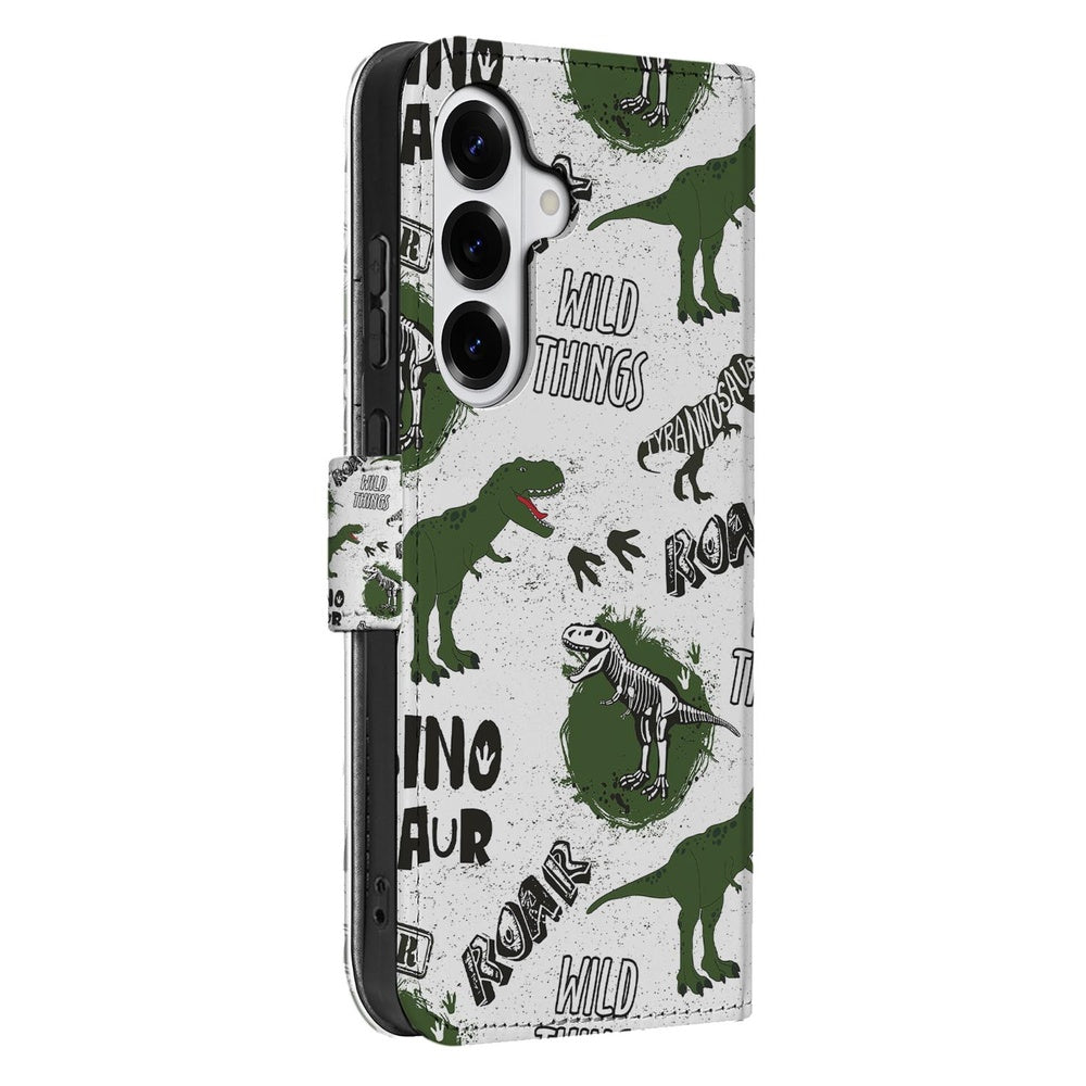 Samsung Galaxy S26 Book Case Met Pasjes Dino Print cartoon dinosaurussen groen op witte achtergrond aanzicht zij.