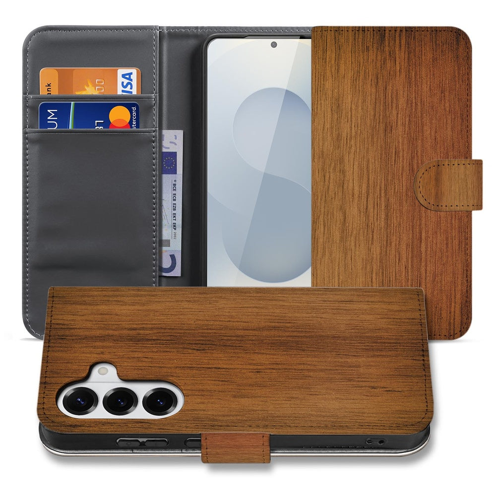 Samsung Galaxy S26 Bookcase Hoesje Donker Hout boekcase donker hout aanzicht.