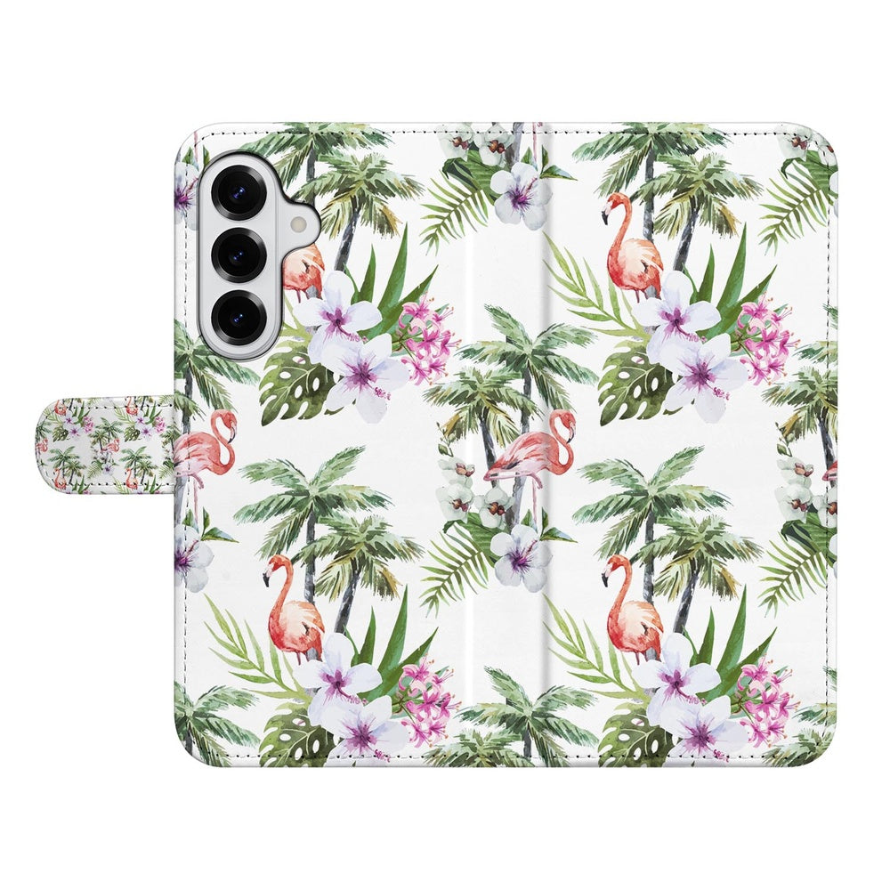 Samsung Galaxy S26 Telefoonhoesje Flamingo Palms Aanzicht met flamingo en palmprint.