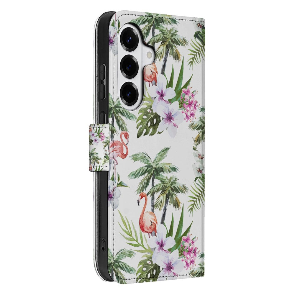 Samsung Galaxy S26 Telefoonhoesje Flamingo Palms zijaanzicht met tropische print en flamingo's.