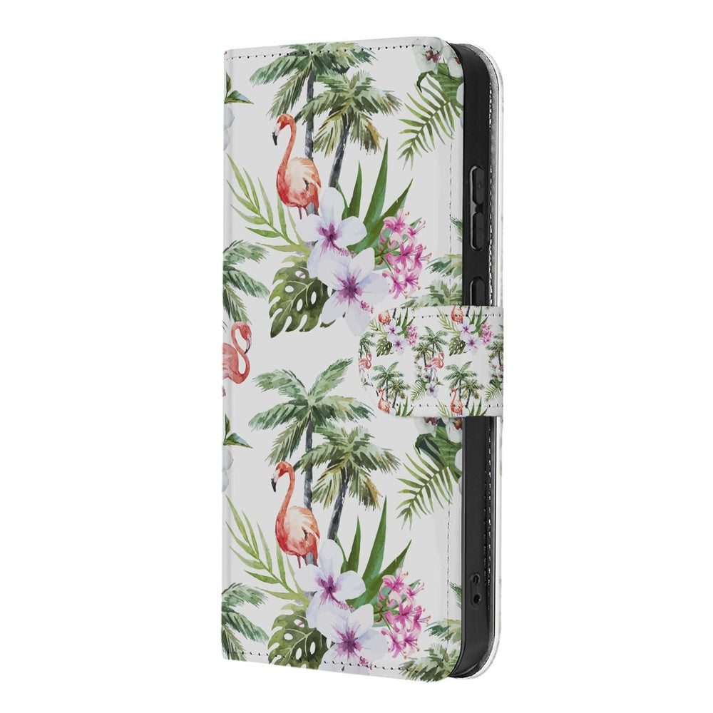 Samsung Galaxy S26 Telefoonhoesje Flamingo Palms zijaanzicht met tropisch design van flamingo's en palmen.