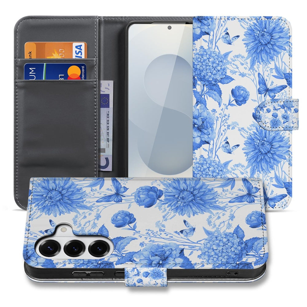 Samsung Galaxy S26 Book Case Blauw Bloemen Vooraanzicht.