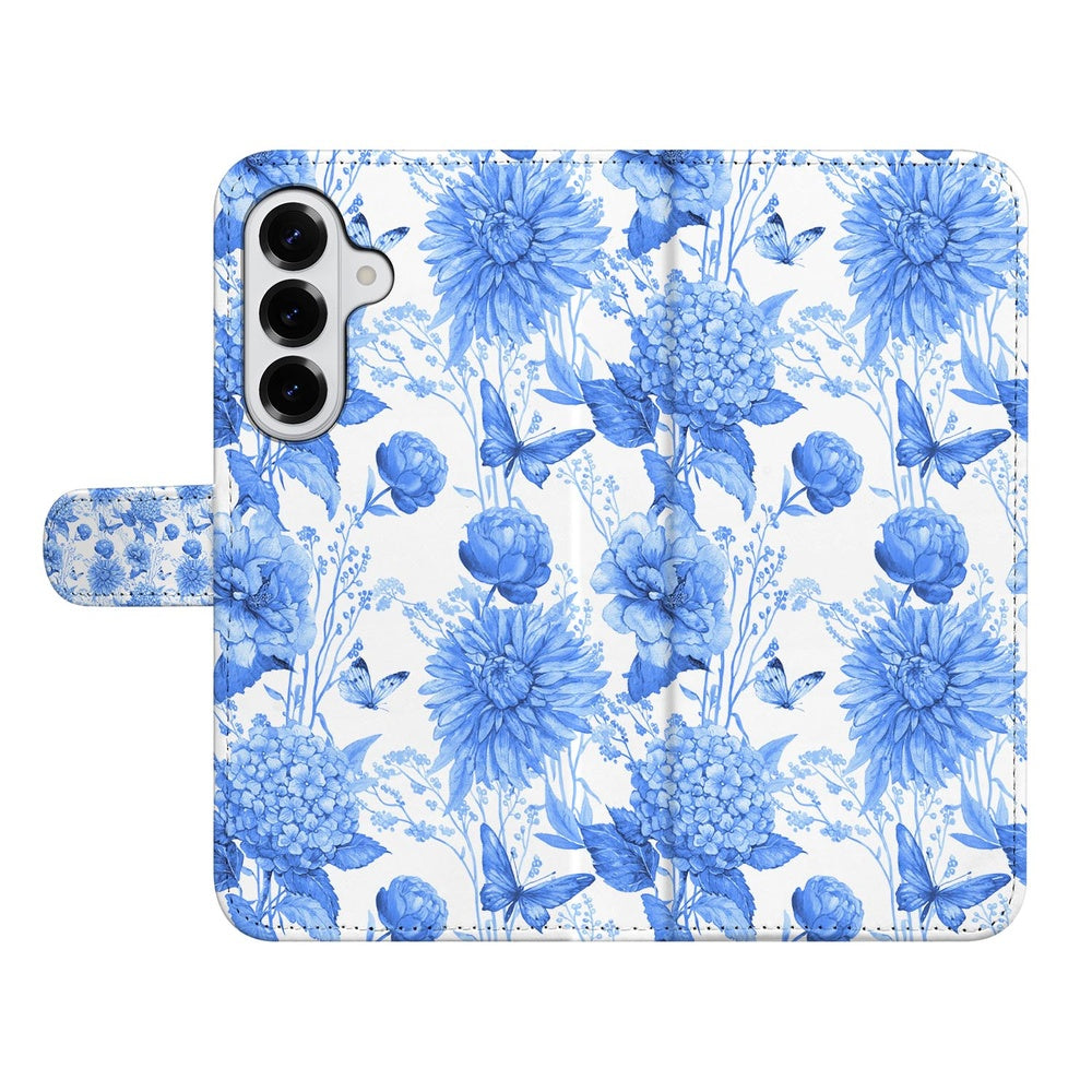 Samsung Galaxy S26 Book Case Blauw Bloemen Vooraanzicht.