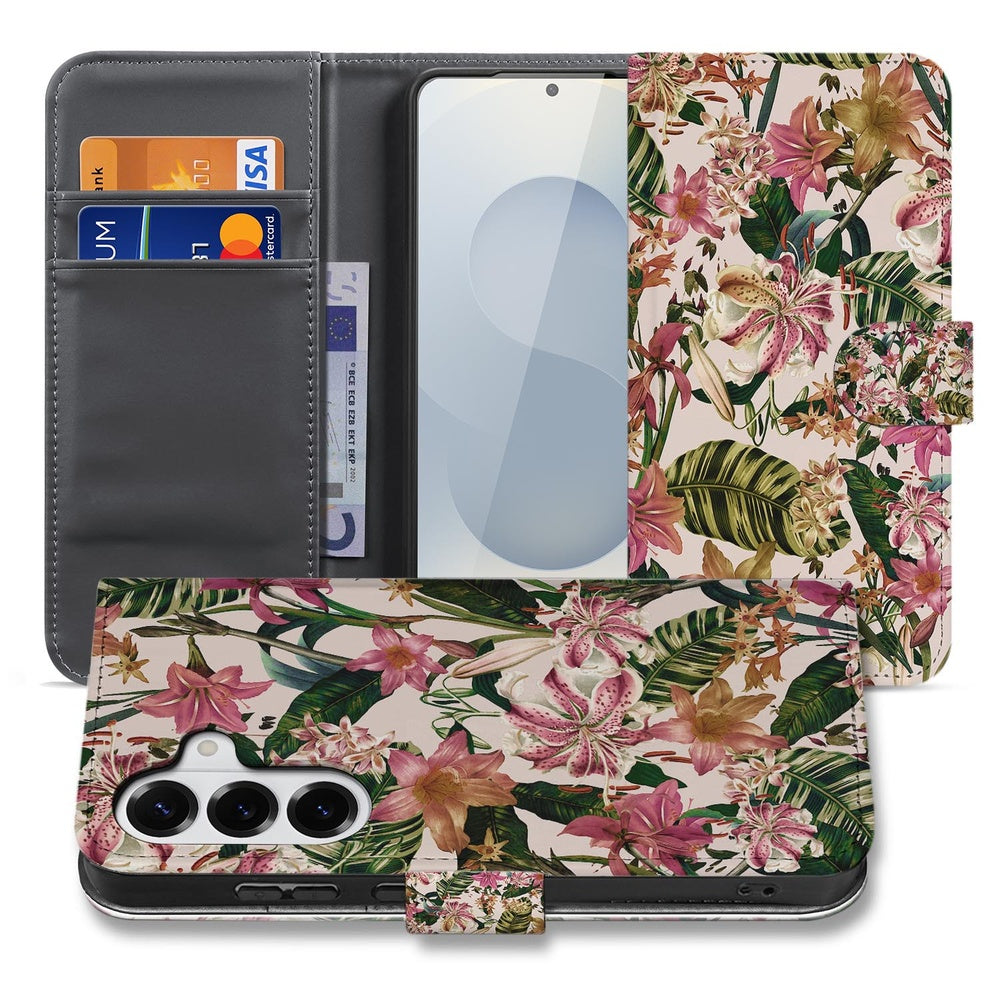 Samsung Galaxy S26 Bookcase Paars Wit Bloemen Vooraanzicht.