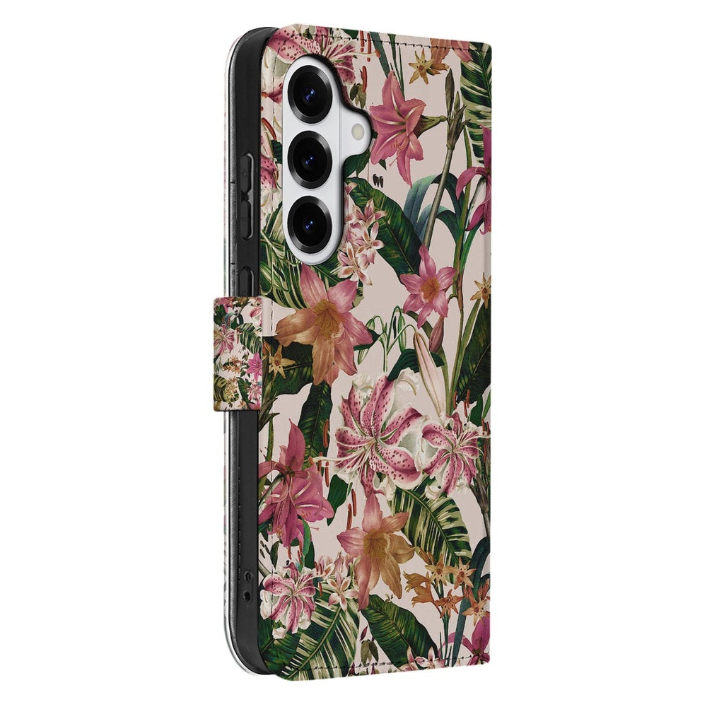 Samsung Galaxy S26 Bookcase Paars Wit Bloemen Vooraanzicht.
