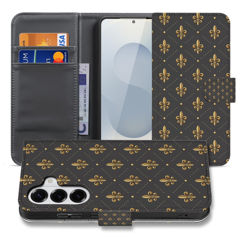 Book Case Samsung Galaxy S26 Franse Lelie Bruin Goud Vooraanzicht.
