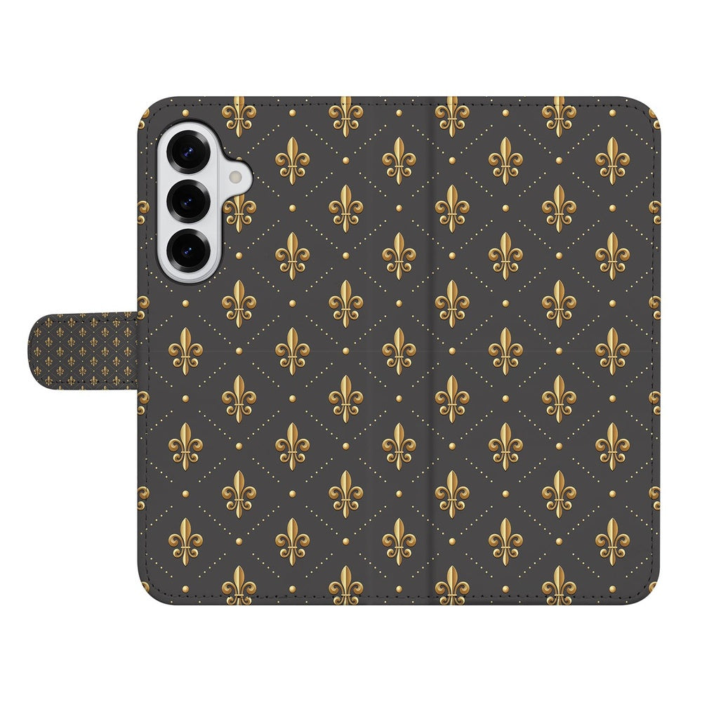 Book Case Samsung Galaxy S26 Franse Lelie Bruin Goud voorkant met Franse Lelie-print.