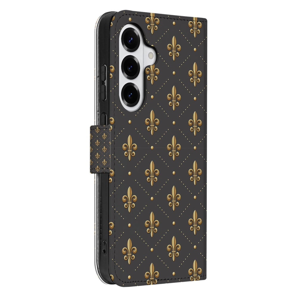 Book Case Samsung Galaxy S26 Franse Lelie Bruin Goud zijaanzicht.