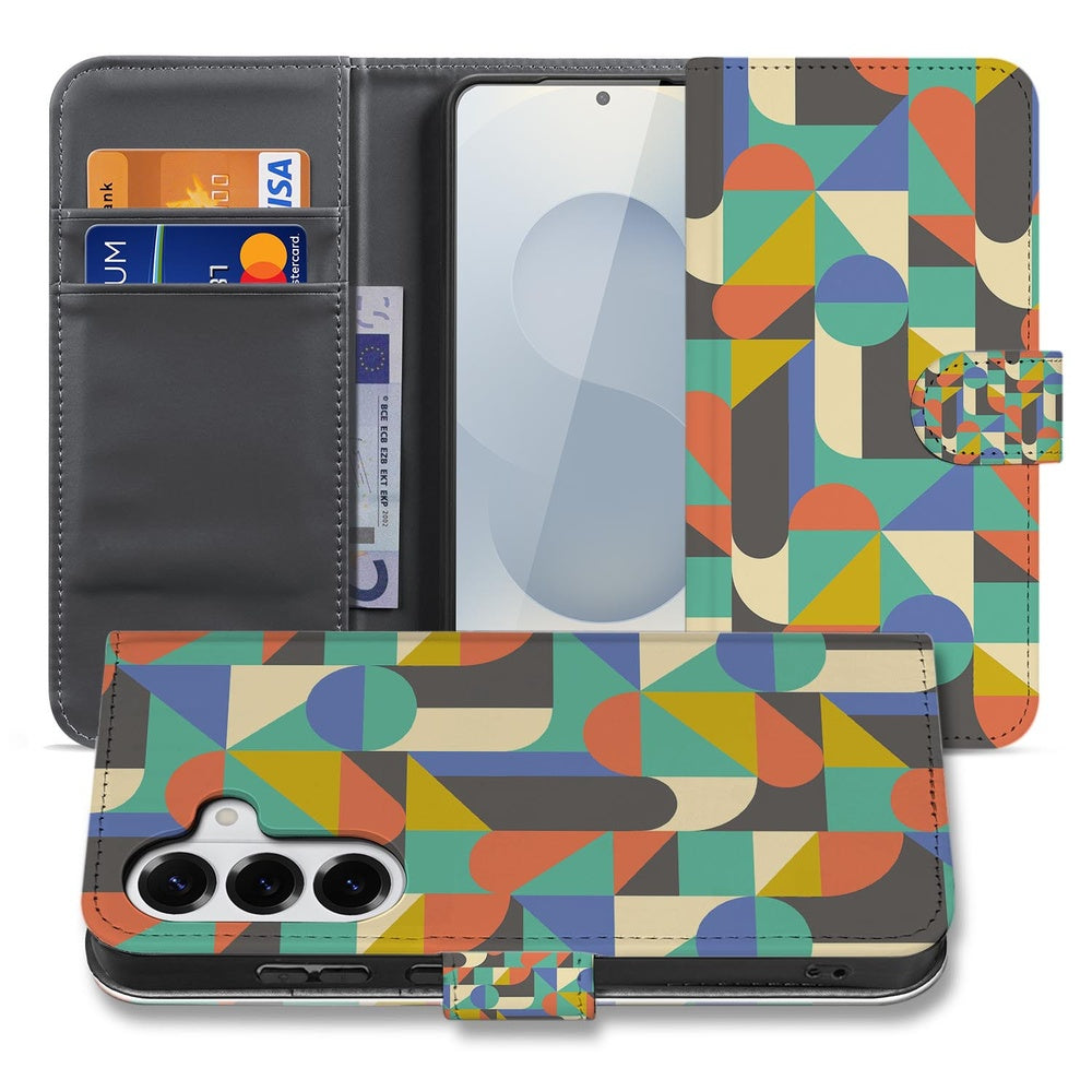 Samsung Galaxy S26 Book Case Hoesje Funky Retro boekhoesje met kleurrijk geometrisch design vooraanzicht.