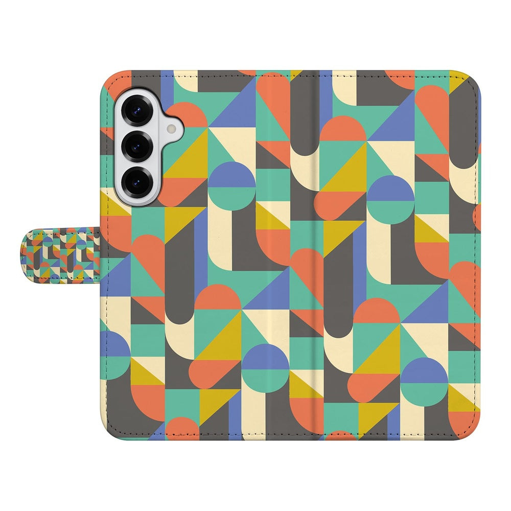 Samsung Galaxy S26 Book Case Hoesje Funky Retro designgekleurde geometrische patronen vooraanzicht.