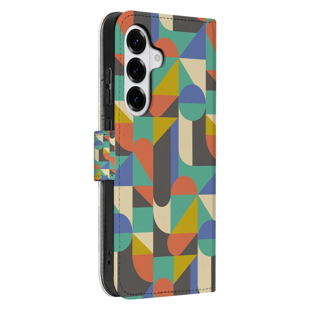 Samsung Galaxy S26 Book Case Hoesje Funky Retro kleurrijk geometrisch ontwerp aanzicht.