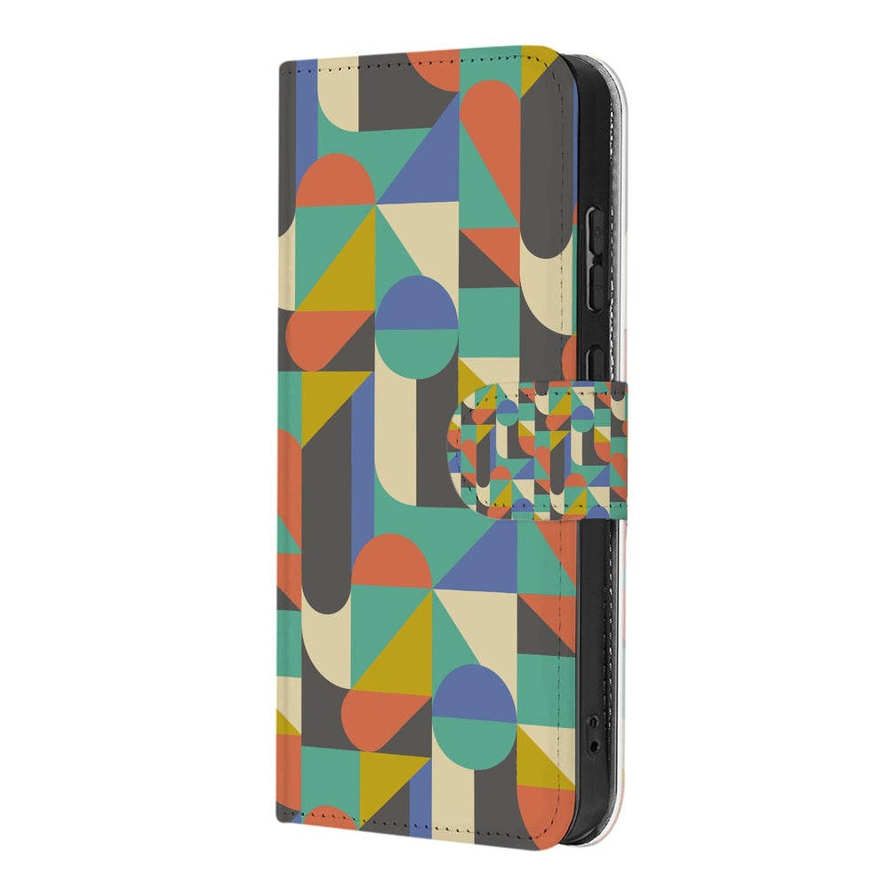 Samsung Galaxy S26 Book Case Hoesje Funky Retro kleurige geometrische print vooraanzicht.