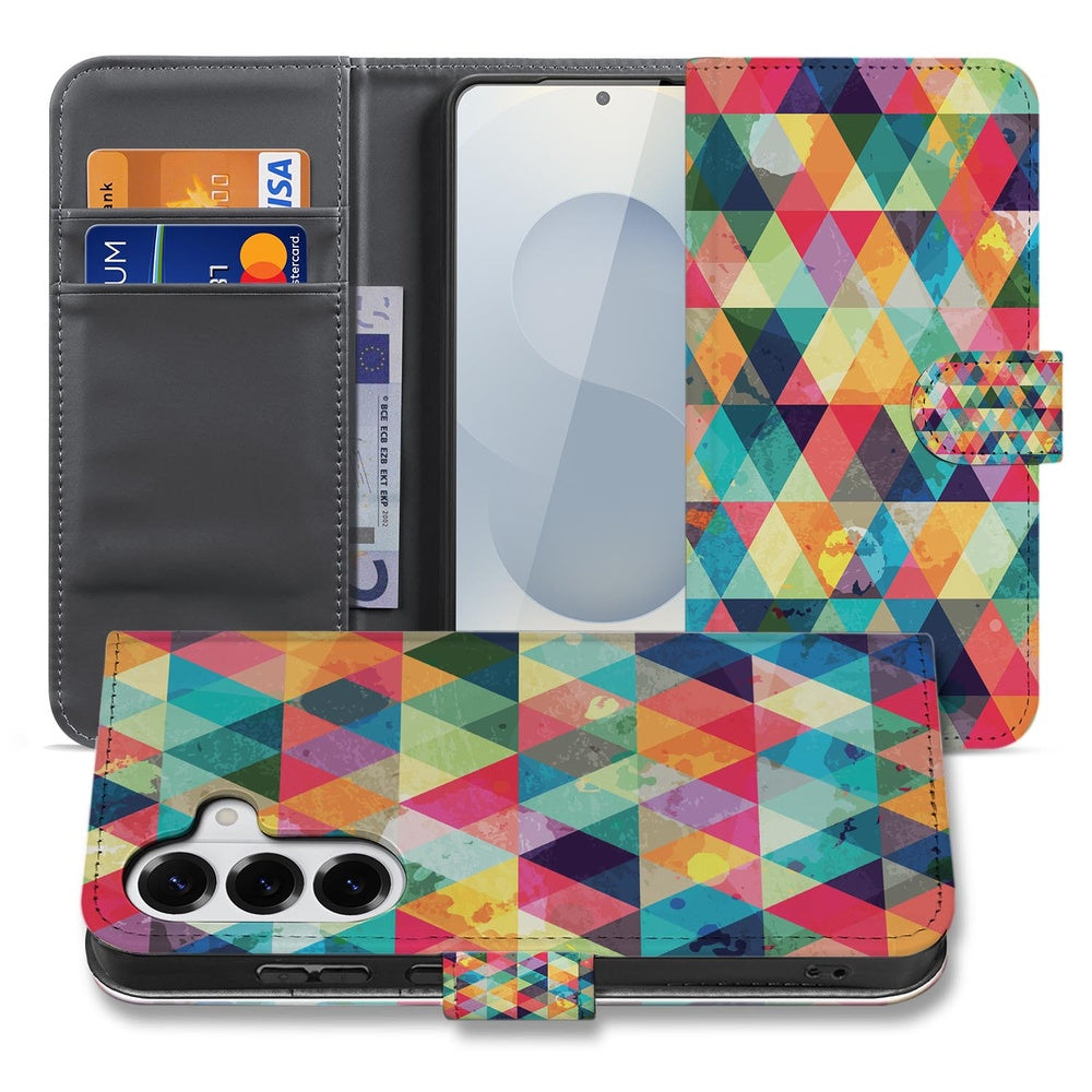 Samsung Galaxy S26 Telefoonhoesje Geruit boekhoesje kleurige geometrische print vooraanzicht.