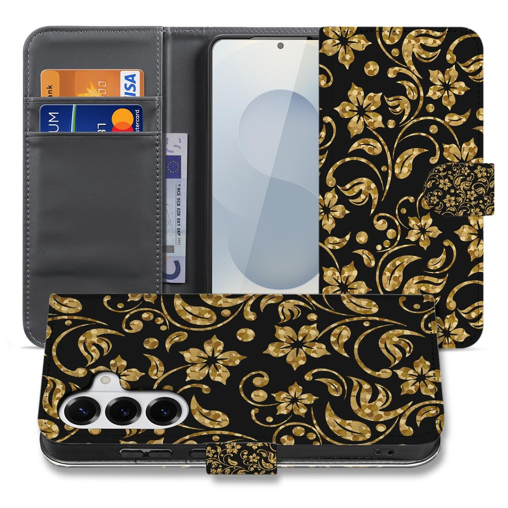 Samsung Galaxy S26 Hoesje Gouden Bloemen Book Case gouden bloemen zwart vooraanzicht.