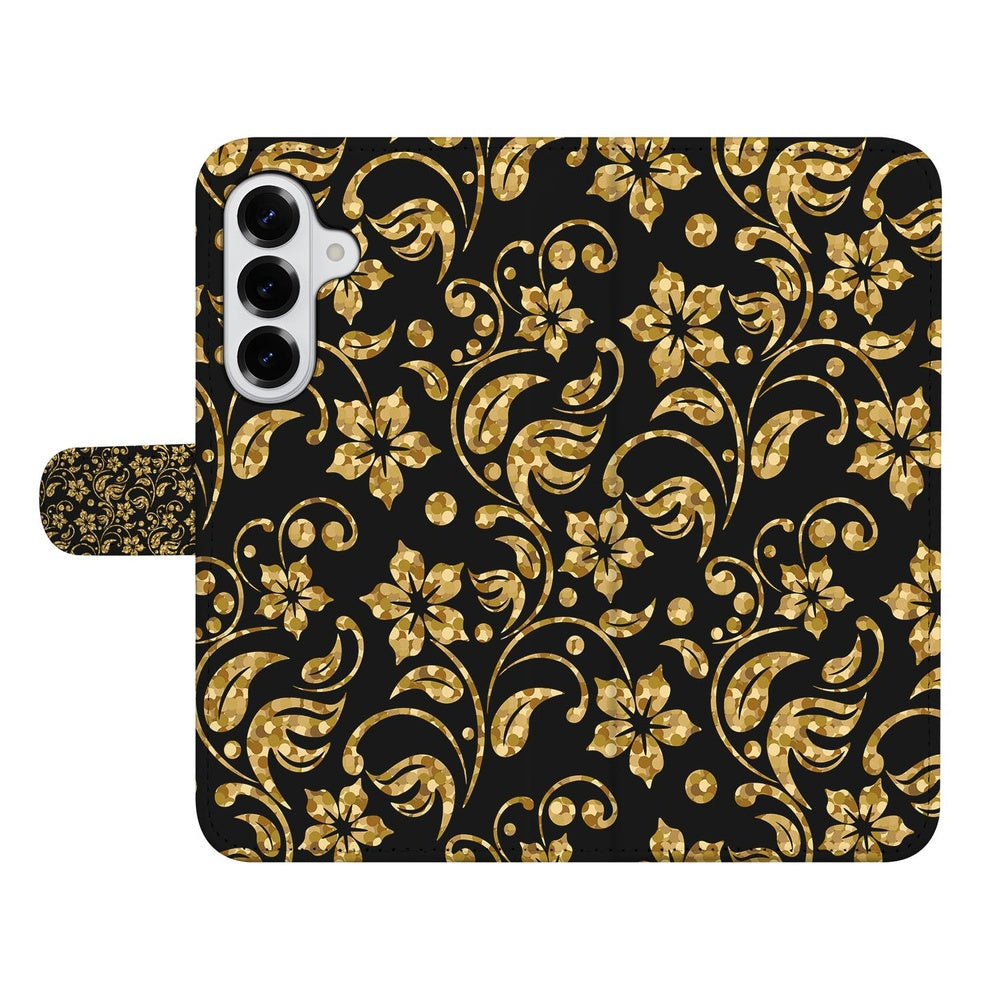 Samsung Galaxy S26 Hoesje Gouden Bloemen design gouden bloemen zwart voorkant.