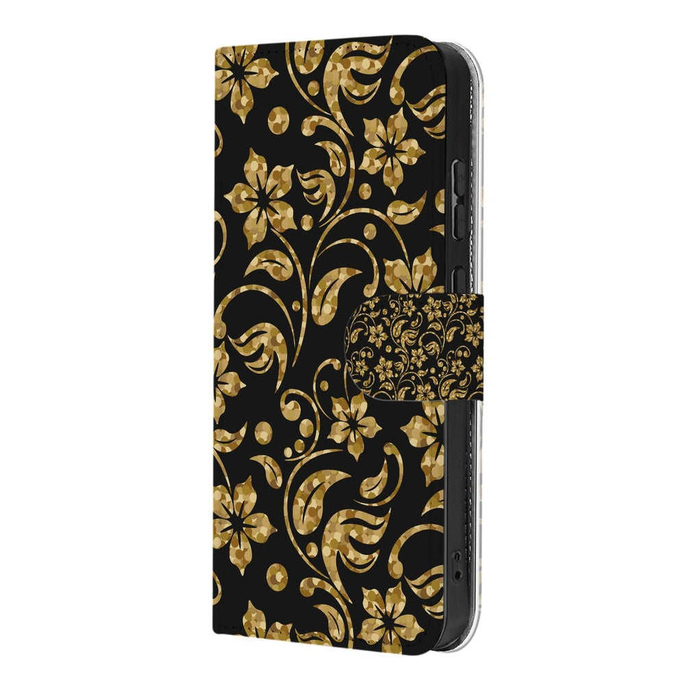 Samsung Galaxy S26 Hoesje Gouden Bloemen Book Case zwart gouden bloemen print zijaanzicht.