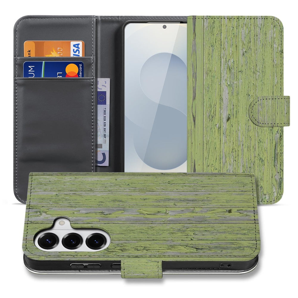 Bookcase Samsung Galaxy S26 Groen Houtnerf portemonnee aanzicht detail.