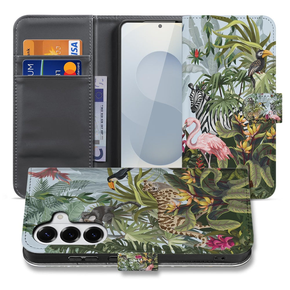 Samsung Galaxy S26 Bookcase Hoesje Met Pasjes Jungle Design detail vooraanzicht.