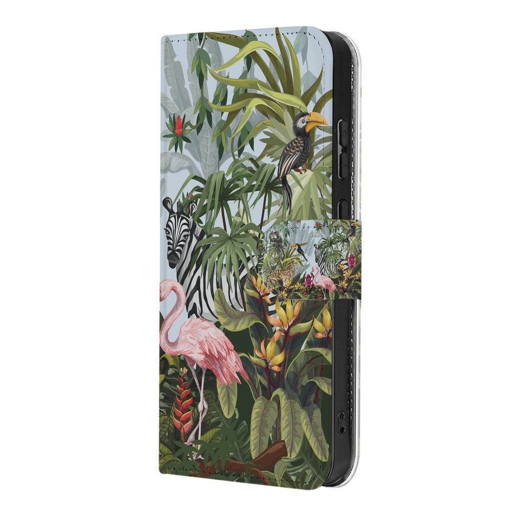 Samsung Galaxy S26 Bookcase Hoesje Met Pasjes Jungle Design zijaanzicht met jungleprint en flamingo's.