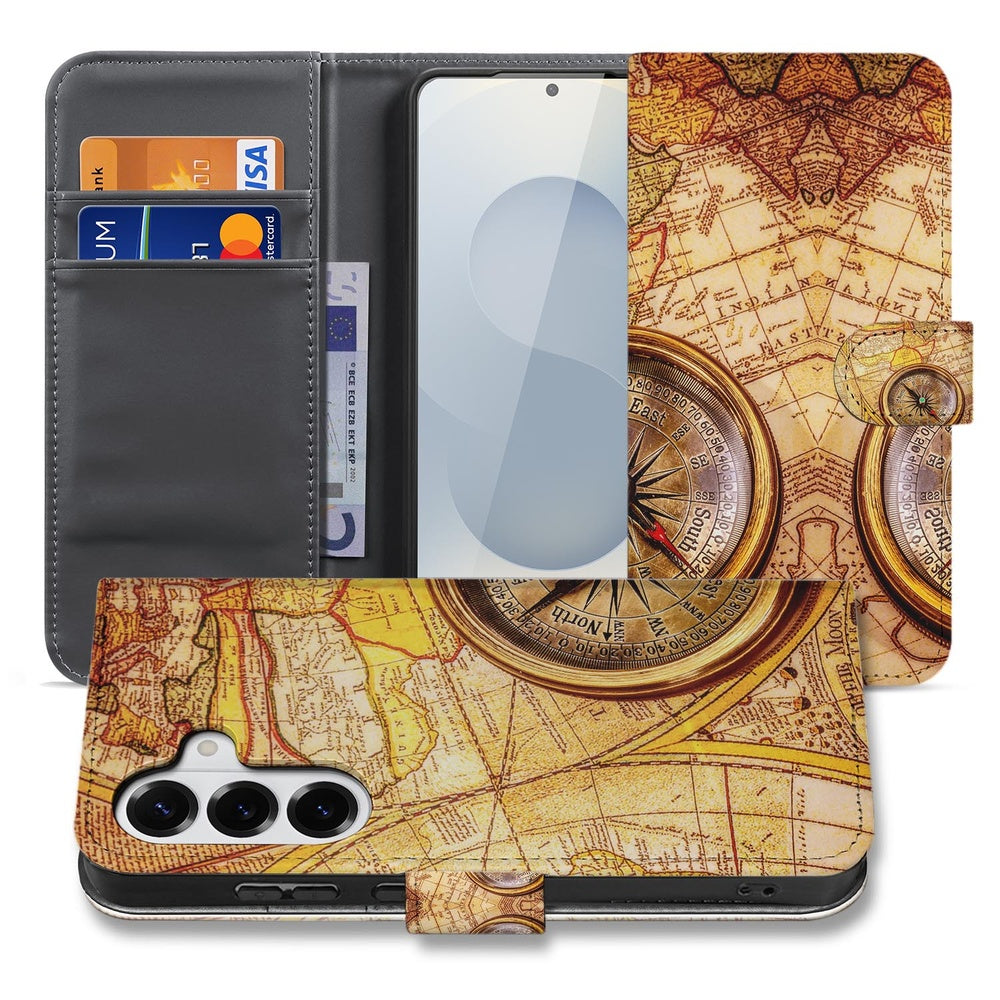 Samsung Galaxy S26 Book Case Hoesje Kompas met kompas-design en ruimte voor Travelcard factuur.