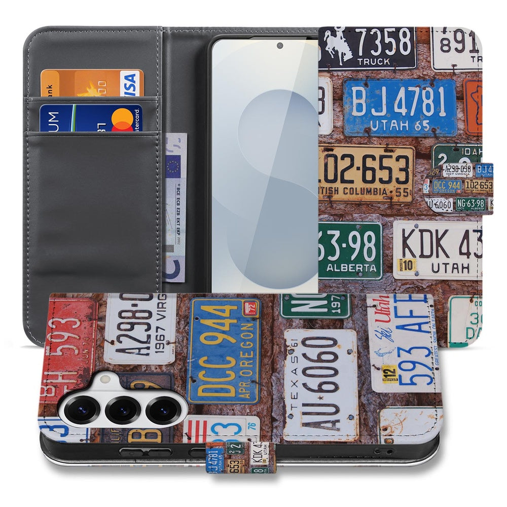 Samsung Galaxy S26 Book Case Kentekenplaten met kleurrijke kentekenplaten en ruimte voor een Travelcard factuur.