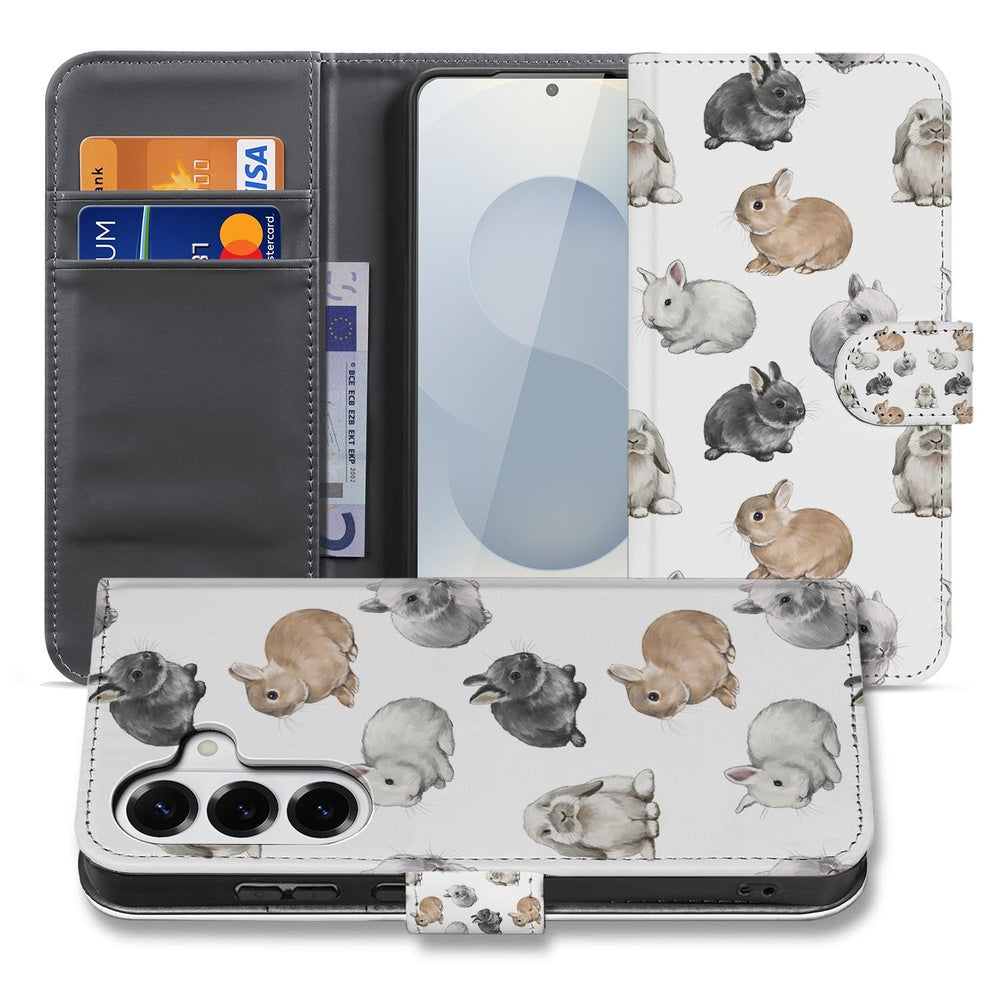 Samsung Galaxy S26 Telefoonhoesje Met Pasjes Konijntjes met schattige konijntjesprints en ruimte voor Travelcard factuur.