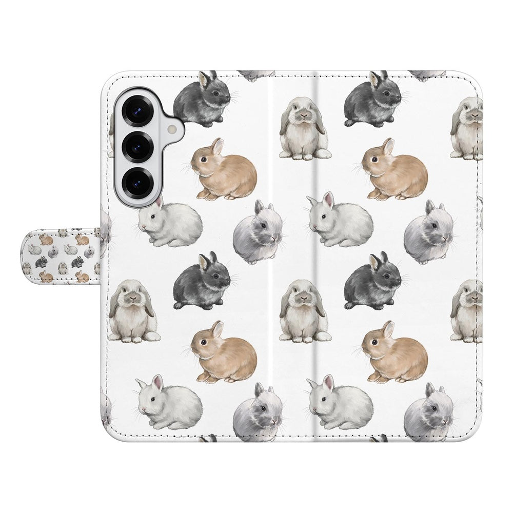 Samsung Galaxy S26 Telefoonhoesje Met Pasjes Konijntjes met schattige konijntjesprints op een witte achtergrond.