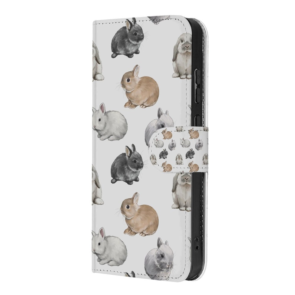 Samsung Galaxy S26 Telefoonhoesje Met Pasjes Konijntjes met schattige konijntjesprints op een witte achtergrond.