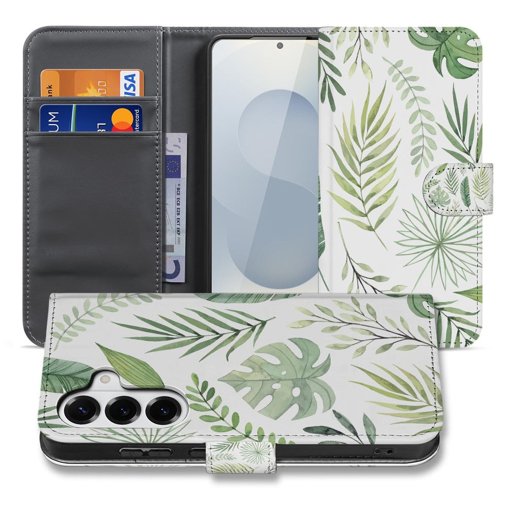 Samsung Galaxy S26 Book Case Bladeren Lichtgroen Wit met stijlvolle bladprint en ruimte voor Travelcard factuur.