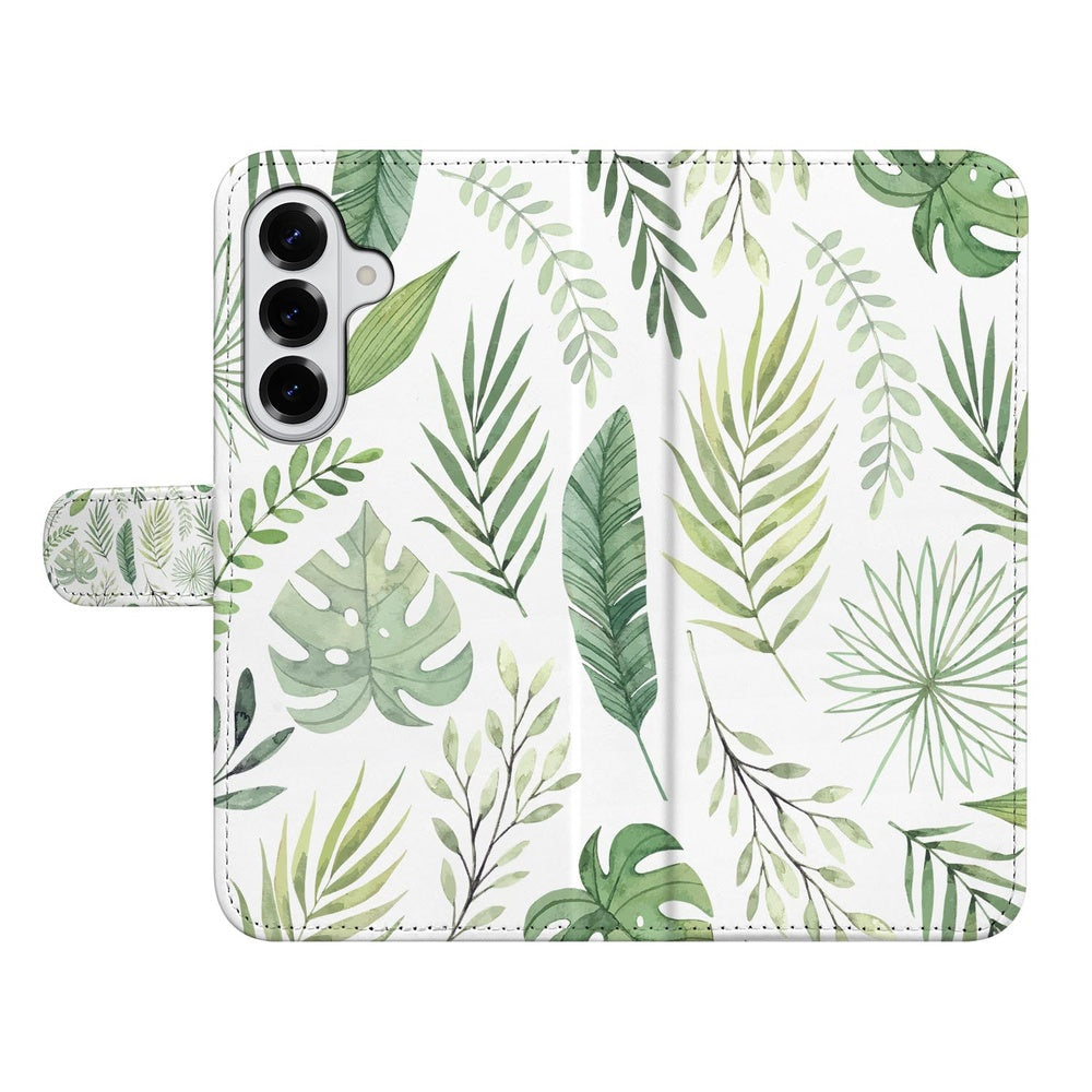 Samsung Galaxy S26 Book Case Bladeren Lichtgroen Wit met bladerenprint op een witte achtergrond.