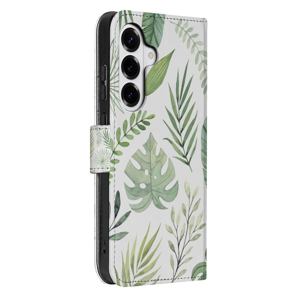 Samsung Galaxy S26 Book Case Bladeren Lichtgroen Wit met elegante bladprint en smartphone erin.