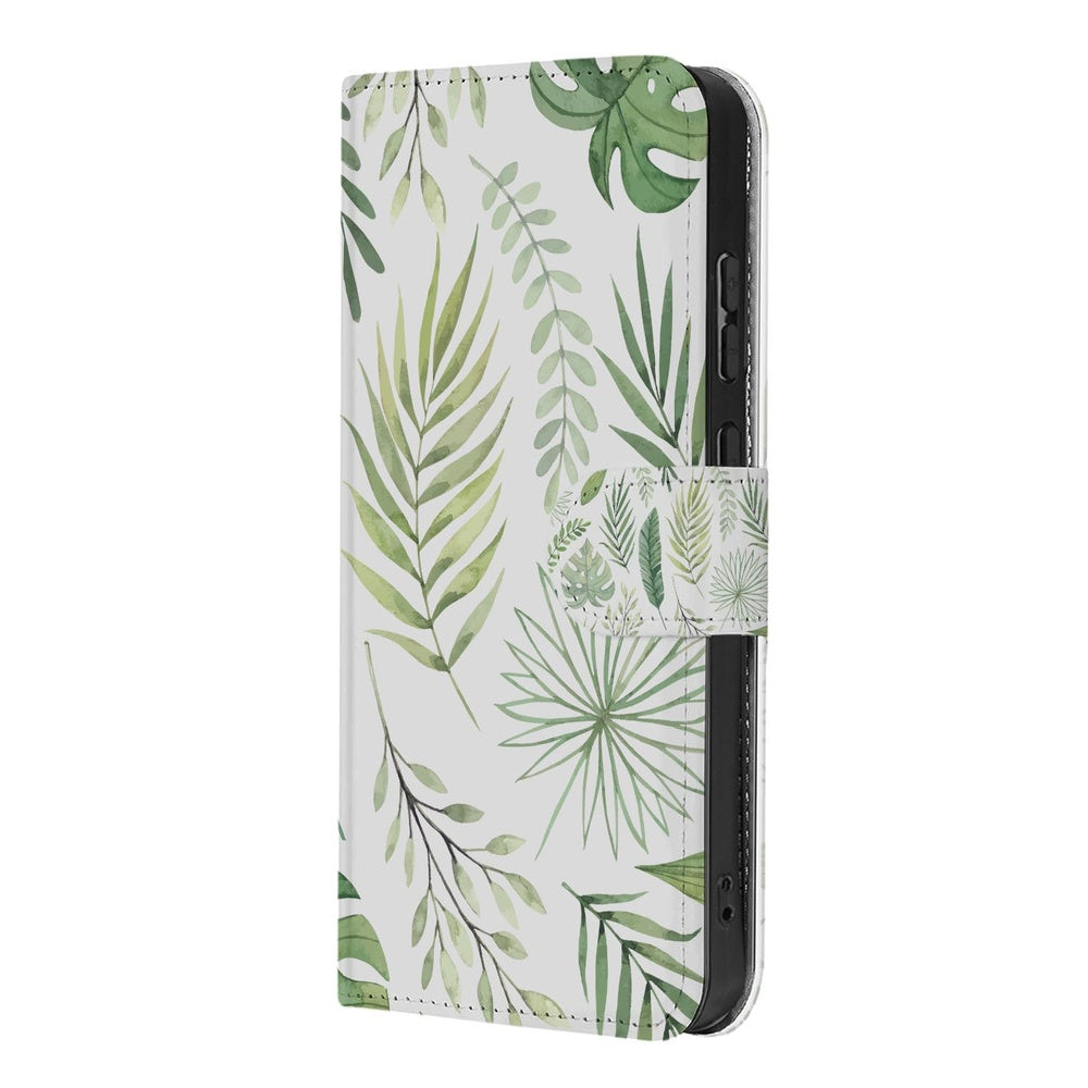 Samsung Galaxy S26 Book Case Bladeren Lichtgroen Wit met elegante bladprint in lichtgroen en wit.