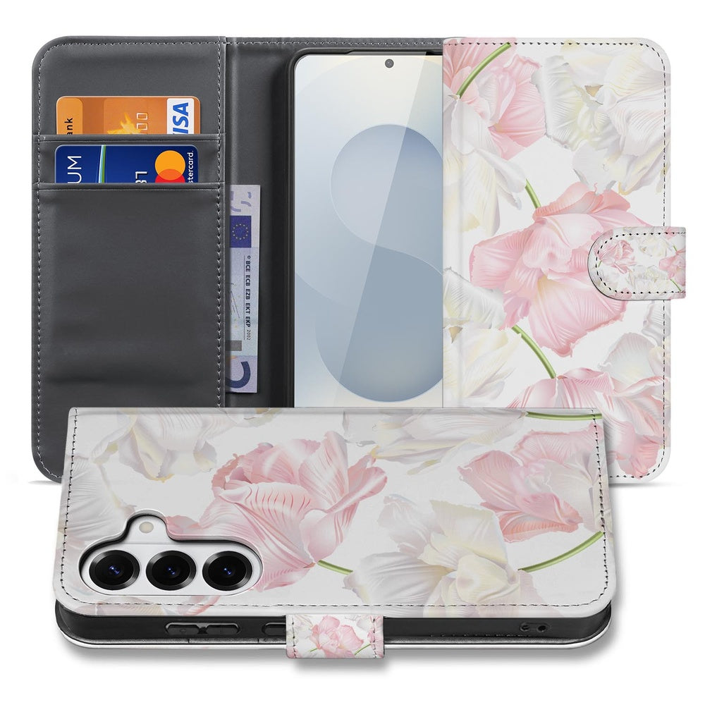 Samsung Galaxy S26 Book Case Hoesje Lovely Flowers Roze Wit met bloemenprint en ruimte voor travelcard factuur.