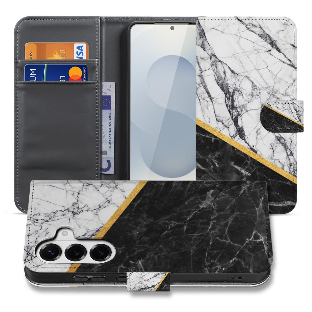 Samsung Galaxy S26 Bookcase Marmer Wit Zwart Gouden Lijn met praktische opbergruimte voor pasjes