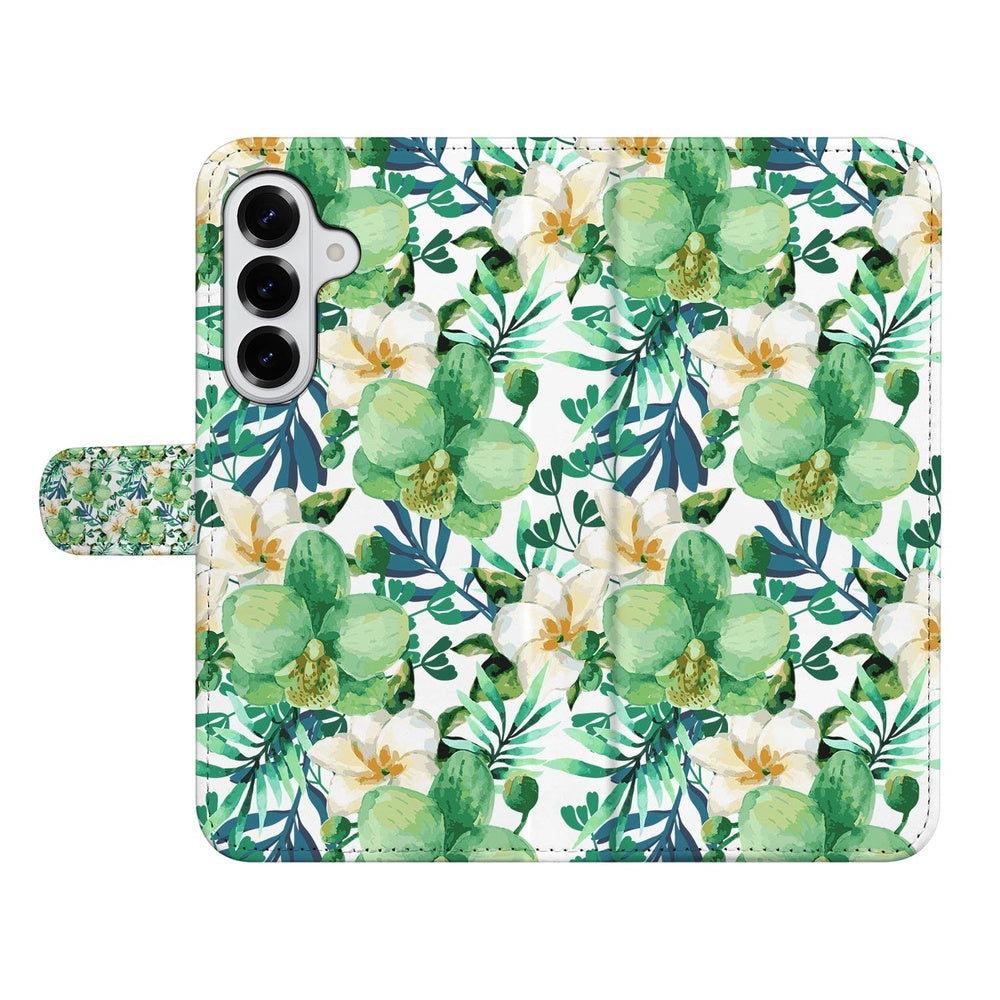 Samsung Galaxy S26 Book Case Orchidee Groen detailzijde met groen bloemenmotief.