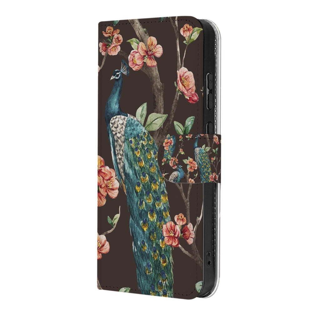 Samsung Galaxy S26 Bookcase Hoesje Pauw Bloemen Print zijkant met pauw en bloemdessin.