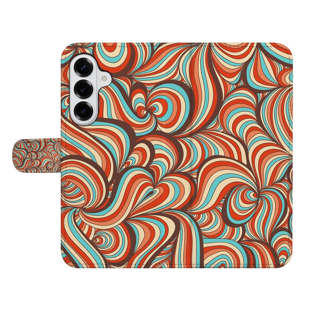 Samsung Galaxy S26 Book Case Hoesje Retro retro patroon cognac turquoise bruin vooraanzicht.